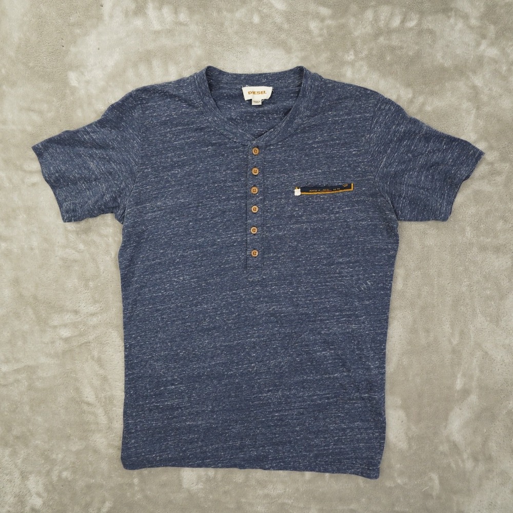 Diesel 6 Button Henley T Shirt Men's Medium Heather Blue Short Sleeve Marled